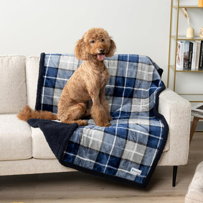 Waterproof Dog Blanket for Small Medium Dog Puppy Cat Throw for Couch Cover Leakproof Protection, Sherpa Fleece, Reversible Soft Washable 29X40 Plaid Navy Blue