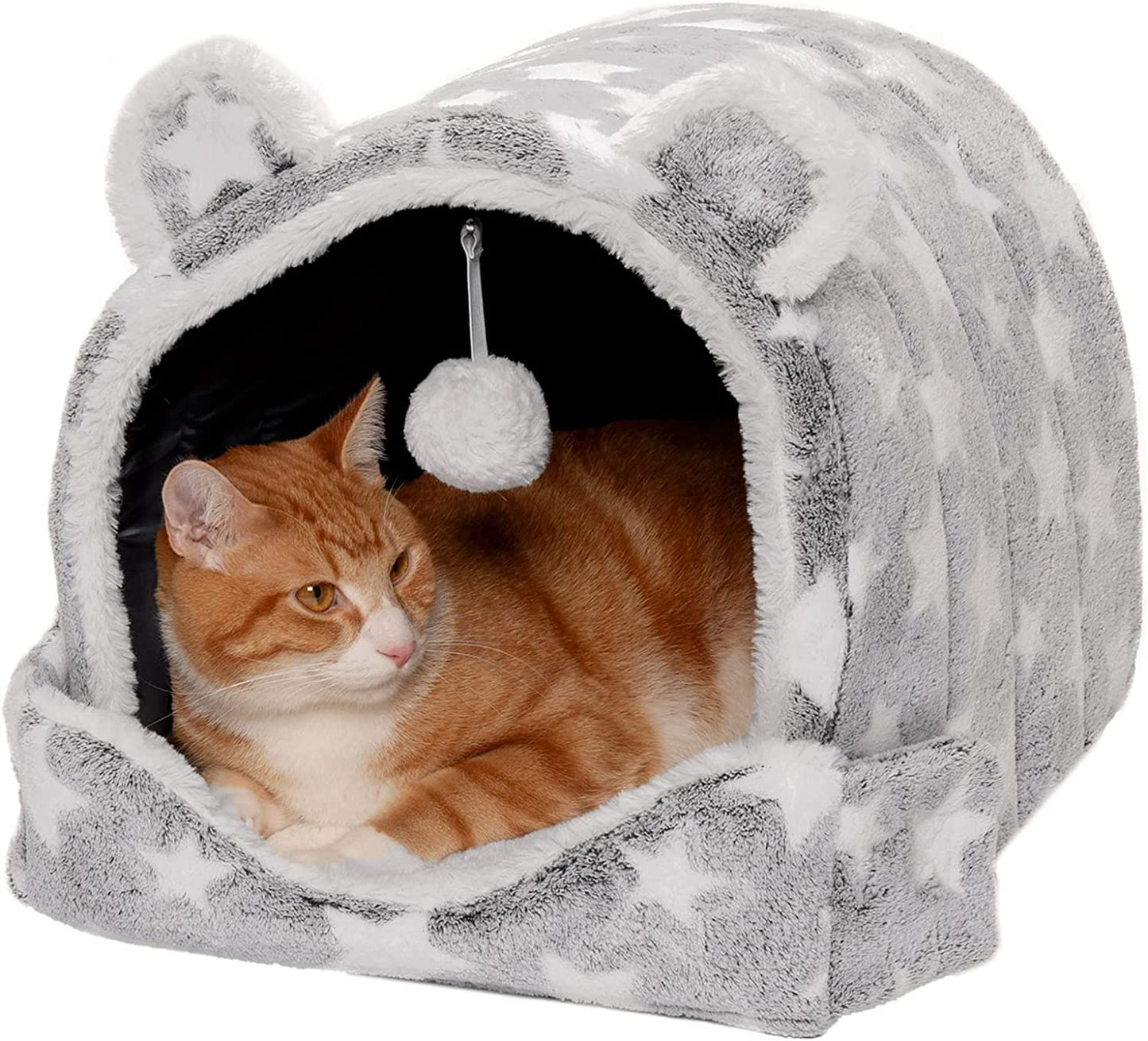 Cat Bed Snuggle Hideout for Indoor Cats & Small Dogs, Washable & Foldable W/ Plush Ball Toy - Snuggle Hideout-Bear Pet Tent - Silver Stars, Small