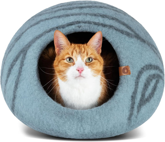 Cat Cave – Premium Felt Cat Bed for Indoor Cats, Handmade 100% Merino Wool (Aquamarine, Medium)