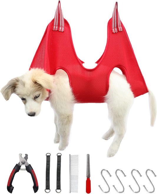 10 in 1 Cat & Dog Grooming Hammock Harness with Nail Clippers & File, Comb, & Hanging Pet Grooming Hammock| Cat & Dog Sling Restraint Bag Holder for Nail Trimming/Clipping & Bathing- Small