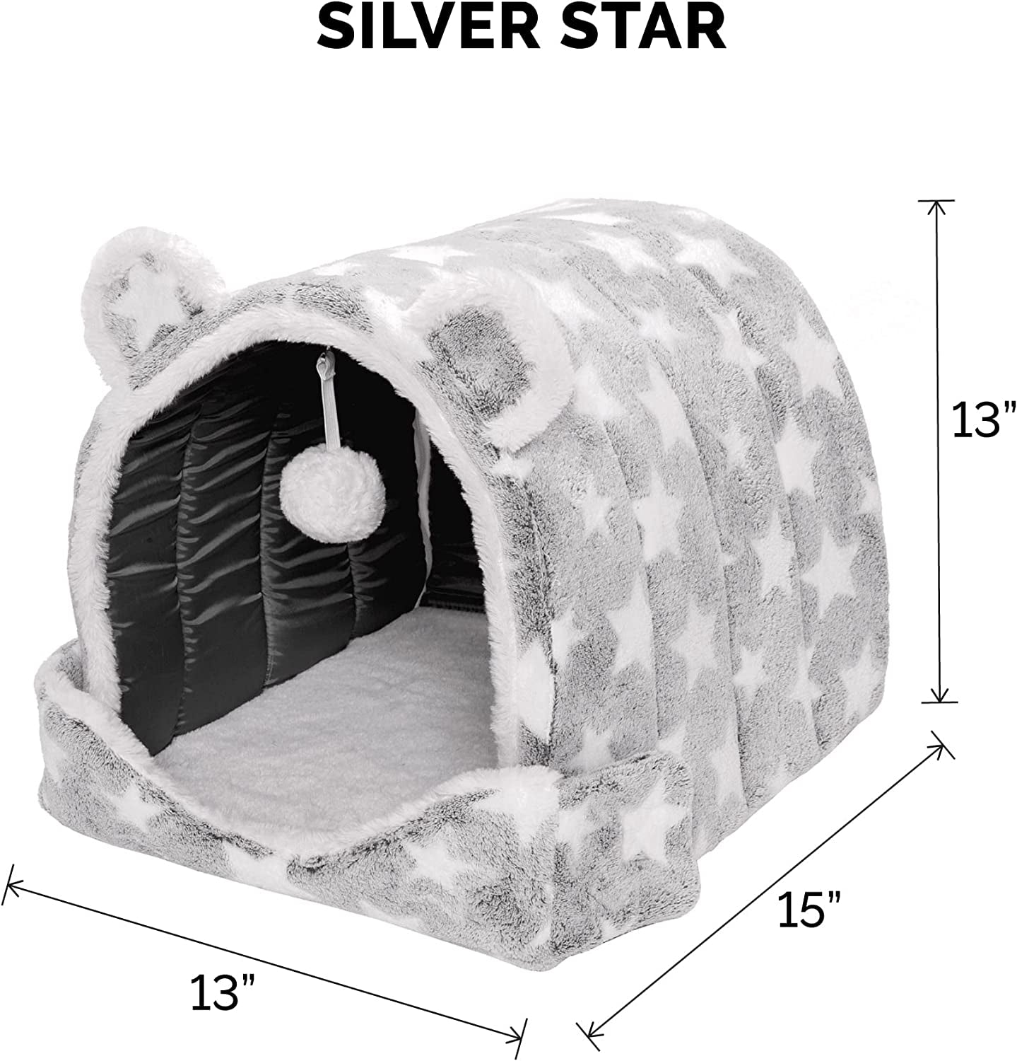 Cat Bed Snuggle Hideout for Indoor Cats & Small Dogs, Washable & Foldable W/ Plush Ball Toy - Snuggle Hideout-Bear Pet Tent - Silver Stars, Small