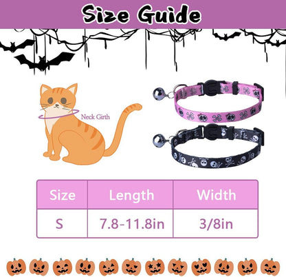 Breakaway Cat Collar with Bell Charm, 2 Packs Adjustable Kitty Collars Pink & Black Skull Pattern, 7.8-11.8 In