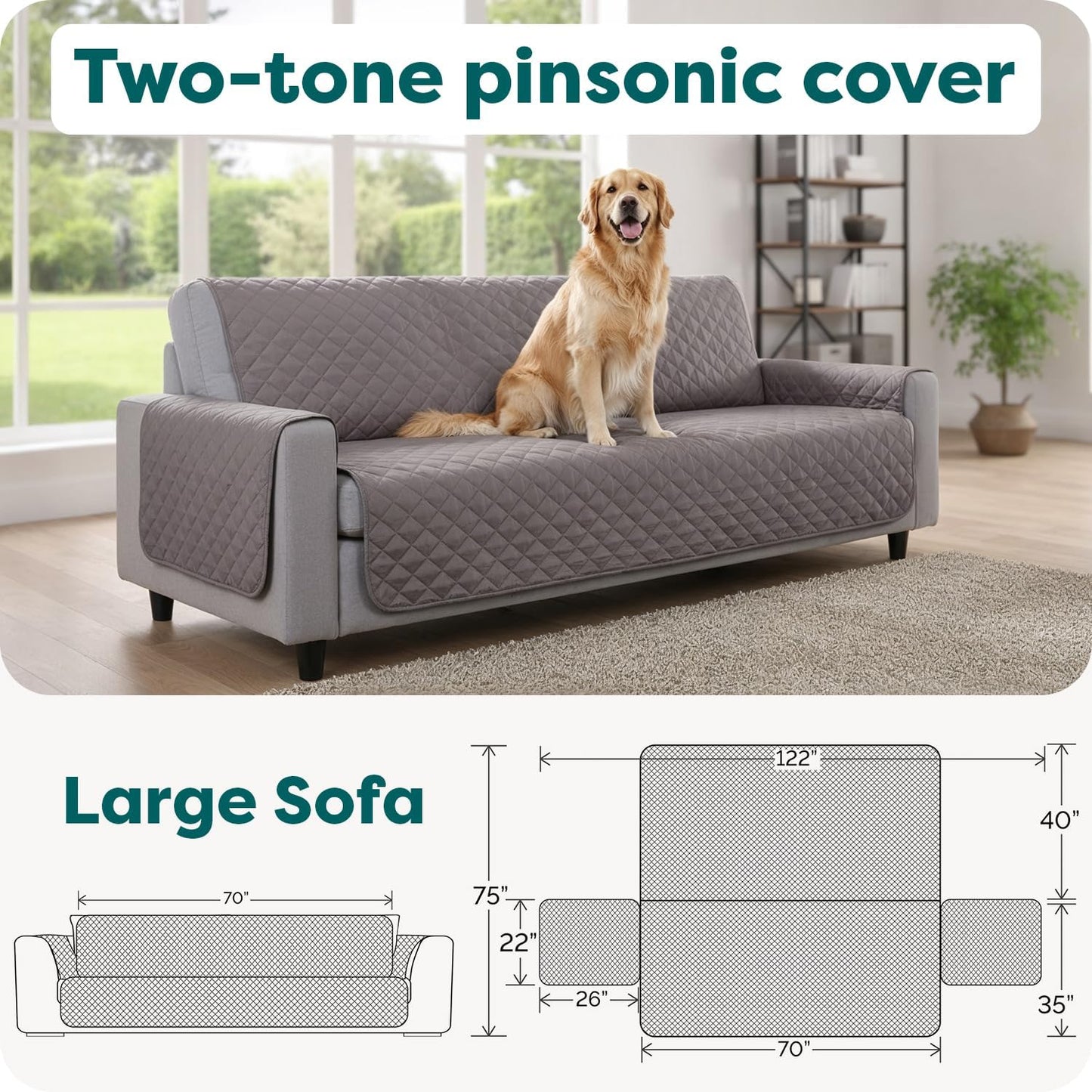 Water-Resistant Sofa Cover for Dogs & Cats, Reversible Couch Protector with Secure Straps and Pinsonic Quilted Fabric, Machine Washable Couch Cover, Large Sofa, Gray Mist