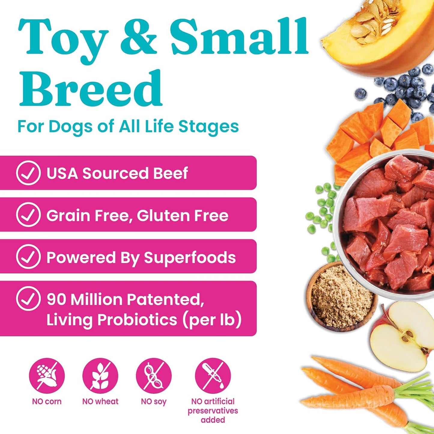 Toy & Small Breed Dry Dog Food Small Bites – Real Beef, Grain Free, Gluten Free, High Fiber Kibble with Probiotics for Gut Health & Digestion Support – Healthy Dog Food All Ages – 4LB