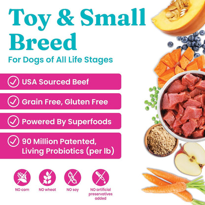Toy & Small Breed Dry Dog Food Small Bites – Real Beef, Grain Free, Gluten Free, High Fiber Kibble with Probiotics for Gut Health & Digestion Support – Healthy Dog Food All Ages – 4LB