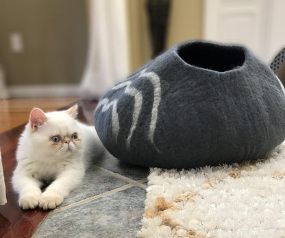 100% Natural Wool Eco-Friendly Cat & Kitten Cave Bed - Cozy House Indoor Bed for Cats & Kittens - Pet Felt Cat Cave, Cushion, Cove, Nest, Hideout, Hideaway, Tent, Tunnel Beds (Dark Gray)