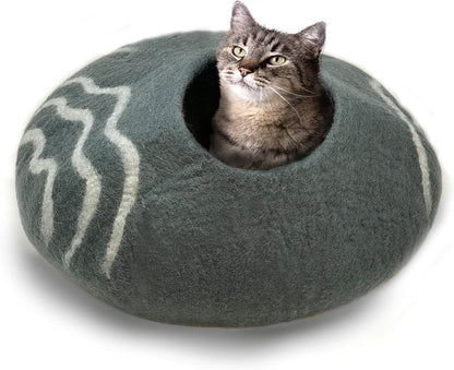100% Natural Wool Eco-Friendly Cat & Kitten Cave Bed - Cozy House Indoor Bed for Cats & Kittens - Pet Felt Cat Cave, Cushion, Cove, Nest, Hideout, Hideaway, Tent, Tunnel Beds (Dark Gray)