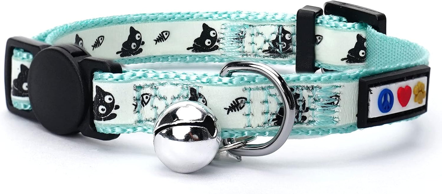 Glow in the Dark Cat Collar with Breakaway Safety Buckle & Bell Adjustable Kitten Collar, Teal