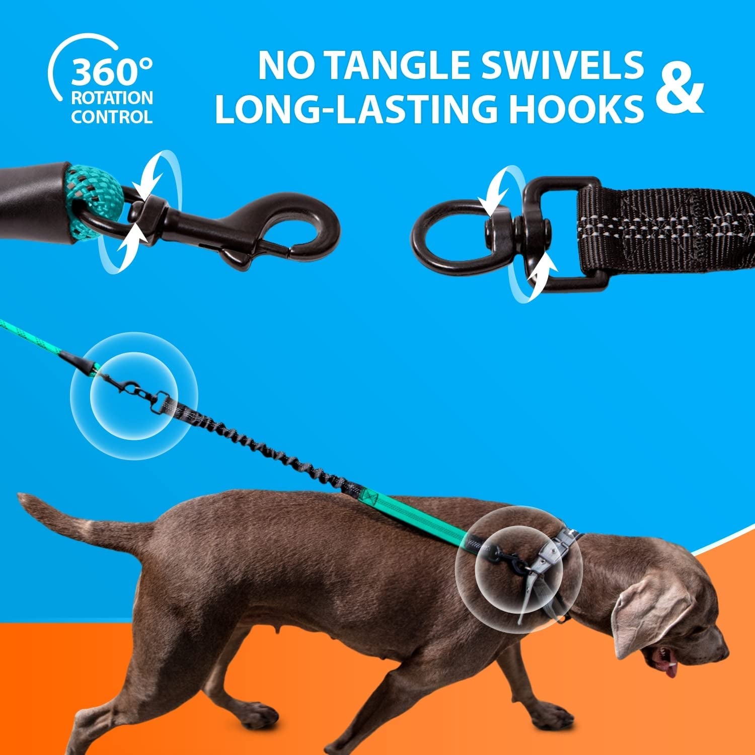 Heavy Duty Rope Bungee Leash for Large and Medium Dogs with Anti-Pull for Shock Absorption - No Slip Reflective Lead for outside (Teal, Bungee Leash- 5.5 Ft)