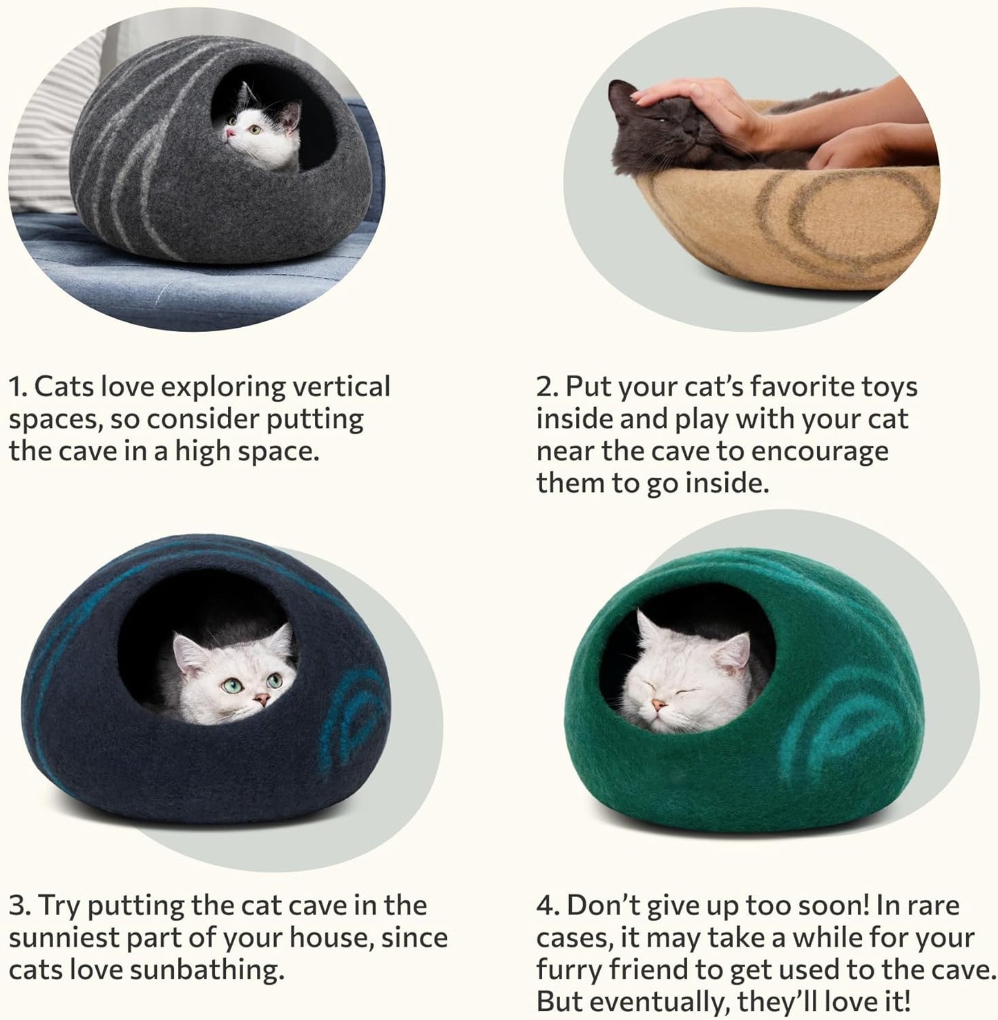 Cat Cave – Premium Felt Cat Bed for Indoor Cats, Handmade 100% Merino Wool (Light Grey, Medium)