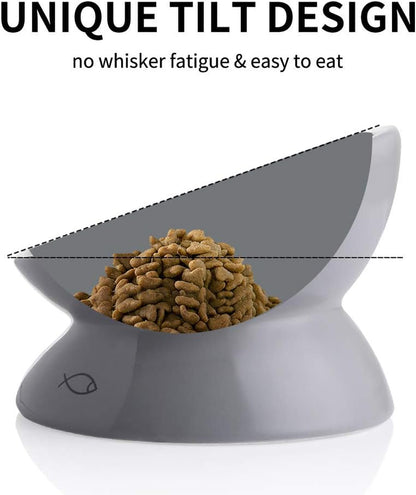 Ceramic Raised Cat Bowls, Slanted Cat Dish Food or Water Bowls, Elevated Porcelain Pet Feeder Bowl Protect Cat'S Spine, Stress Free, Backflow Prevention (Gray)